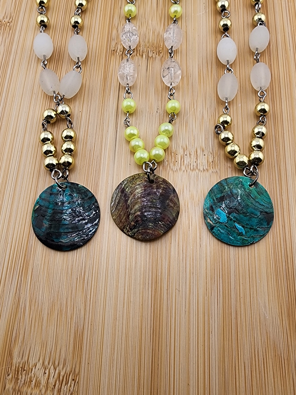 24in Lot Of 3 Green/Blue/Brow Patina Disc Pendant Necklaces - Women Jewelry 0616